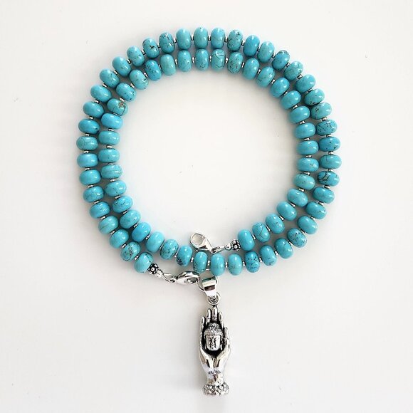 TURQUOISE NECKLACE W/ 925 SILVER HAND OF BUDDHA--20" - Picture 1 of 3